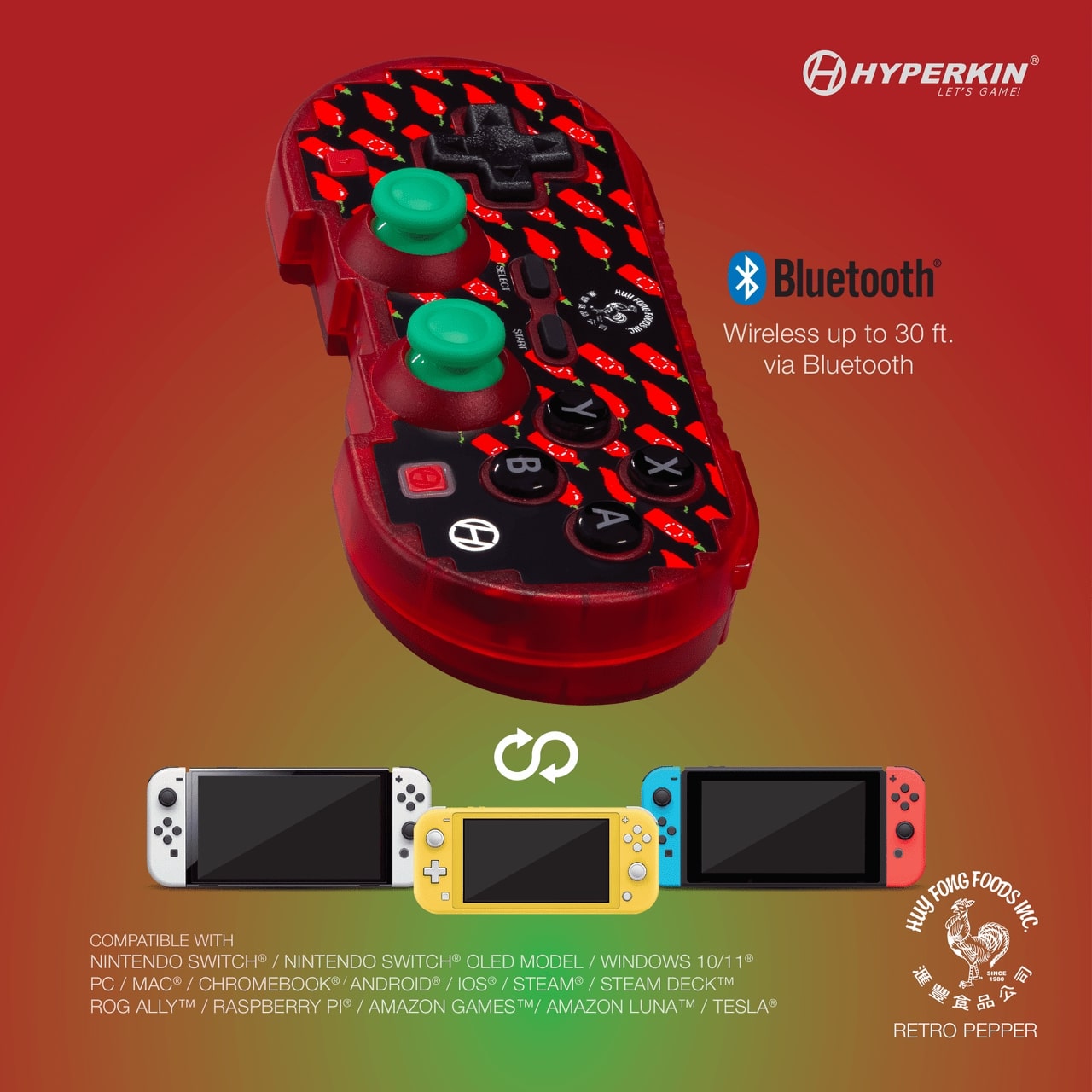 Hyperkin Retro Pepper Bluetooth wireless game controller with red and black chili pepper design, green buttons, and wide compatibility with Nintendo Switch, PC, Mac, Android, iOS, Steam Deck, and more. Features wireless connectivity up to 30 feet and Huy Fong Foods Retro Pepper branding.
