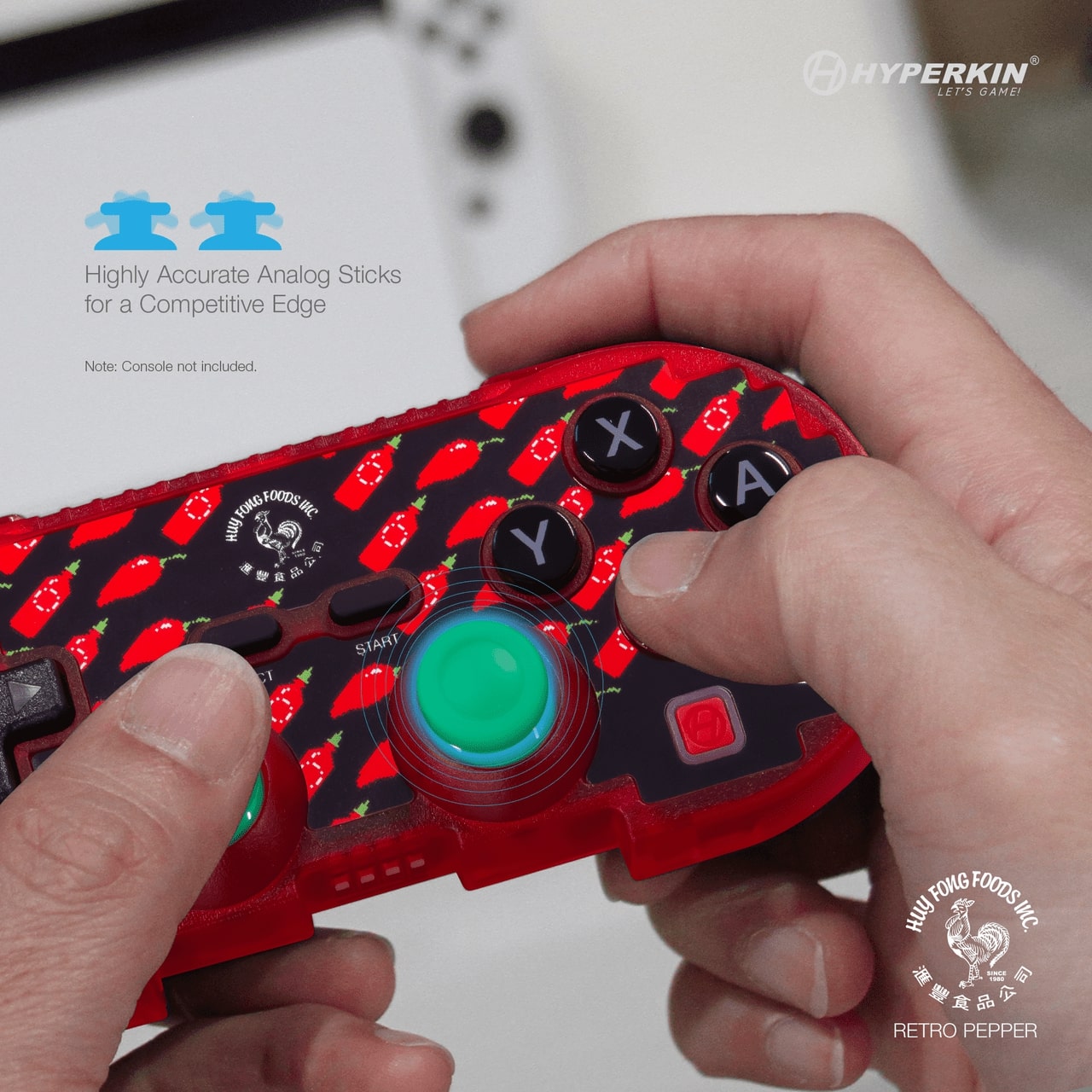 Red chili pepper-themed gaming controller held in hands, featuring Hyperkin and Huy Fong Foods Inc. logos, with text highlighting highly accurate analog sticks for competitive gaming.