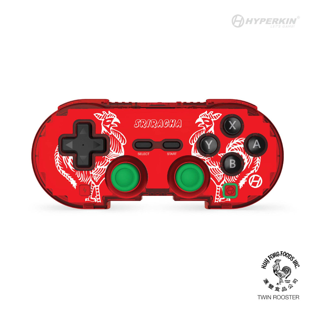 Red gaming controller with Sriracha branding on a white background