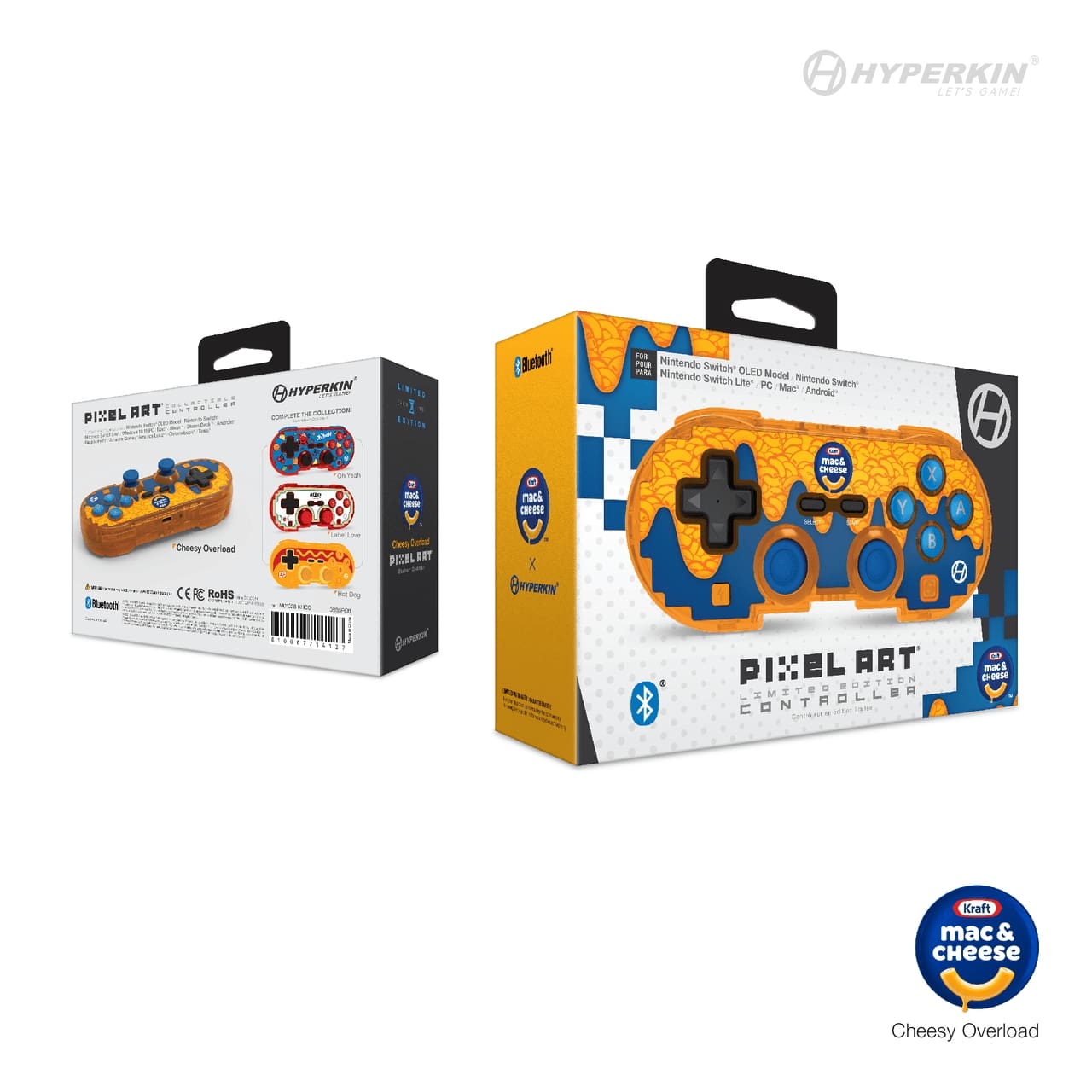 Two boxes of Hyperkin Pixel Art wireless controllers for Nintendo Switch in Kraft Mac & Cheese Cheesy Overload design, featuring blue and orange color scheme and Bluetooth compatibility.