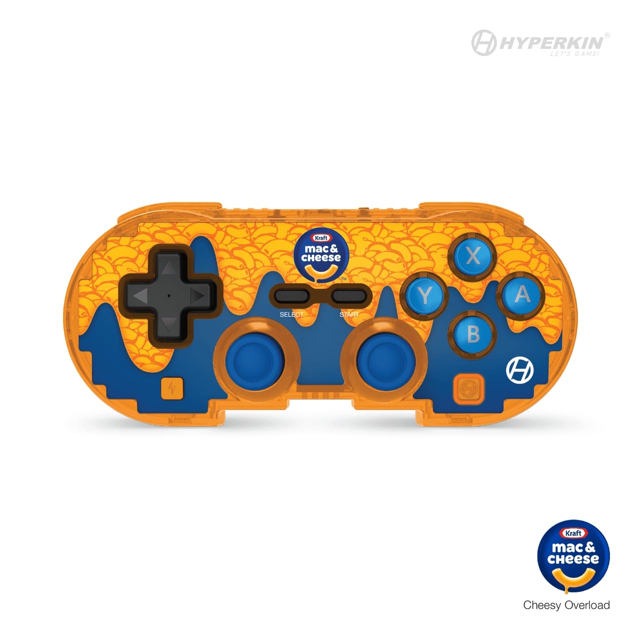 A limited edition Bluetooth gaming controller with a Kraft Mac & Cheese theme, featuring a nifty turbo function, retro design with modern ergonomics, and an included Type-C cable.
