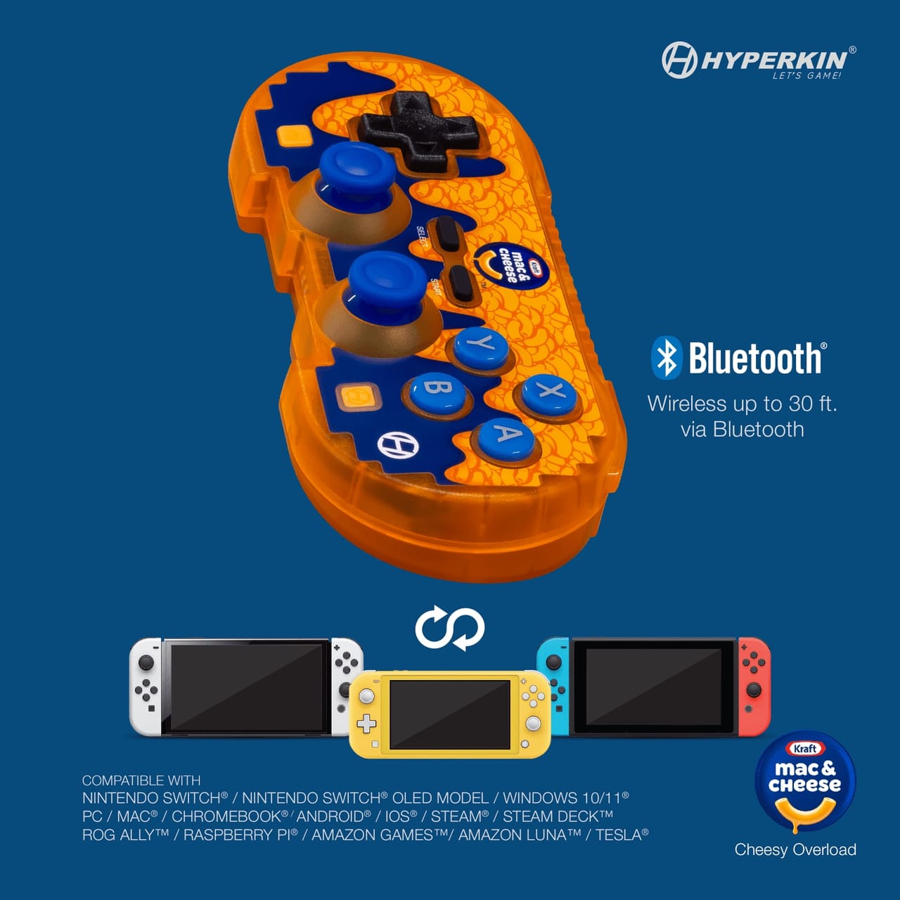 Hyperkin Bluetooth wireless controller in orange and blue Kraft Mac & Cheese design, compatible with Nintendo Switch, PC, Mac, and more, featuring 30 ft Bluetooth range.