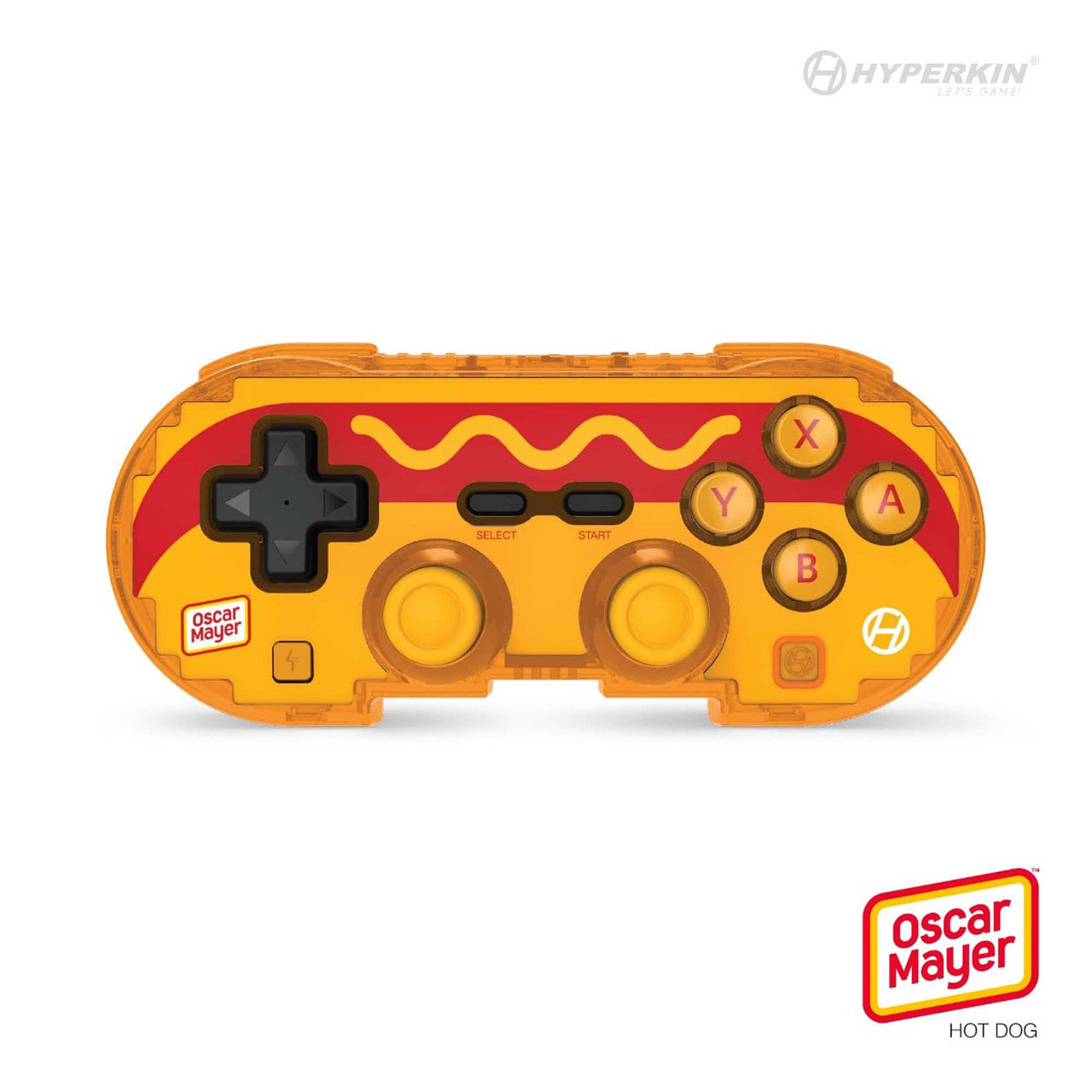 Yellow and red game controller with Oscar Mayer logo on a white background