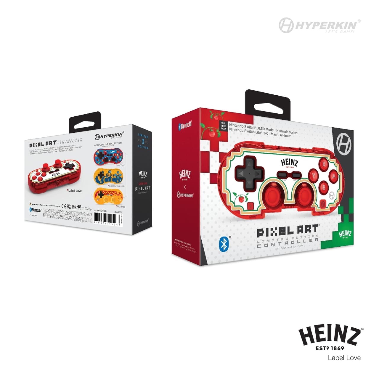 Hyperkin Heinz Pixel Art Wireless Controller packaging for Nintendo Switch, Switch OLED, Switch Lite, Mac, and Android. Box features red and white pixel art design with Heinz branding, tomato graphics, and multiple views of the retro-style controller.