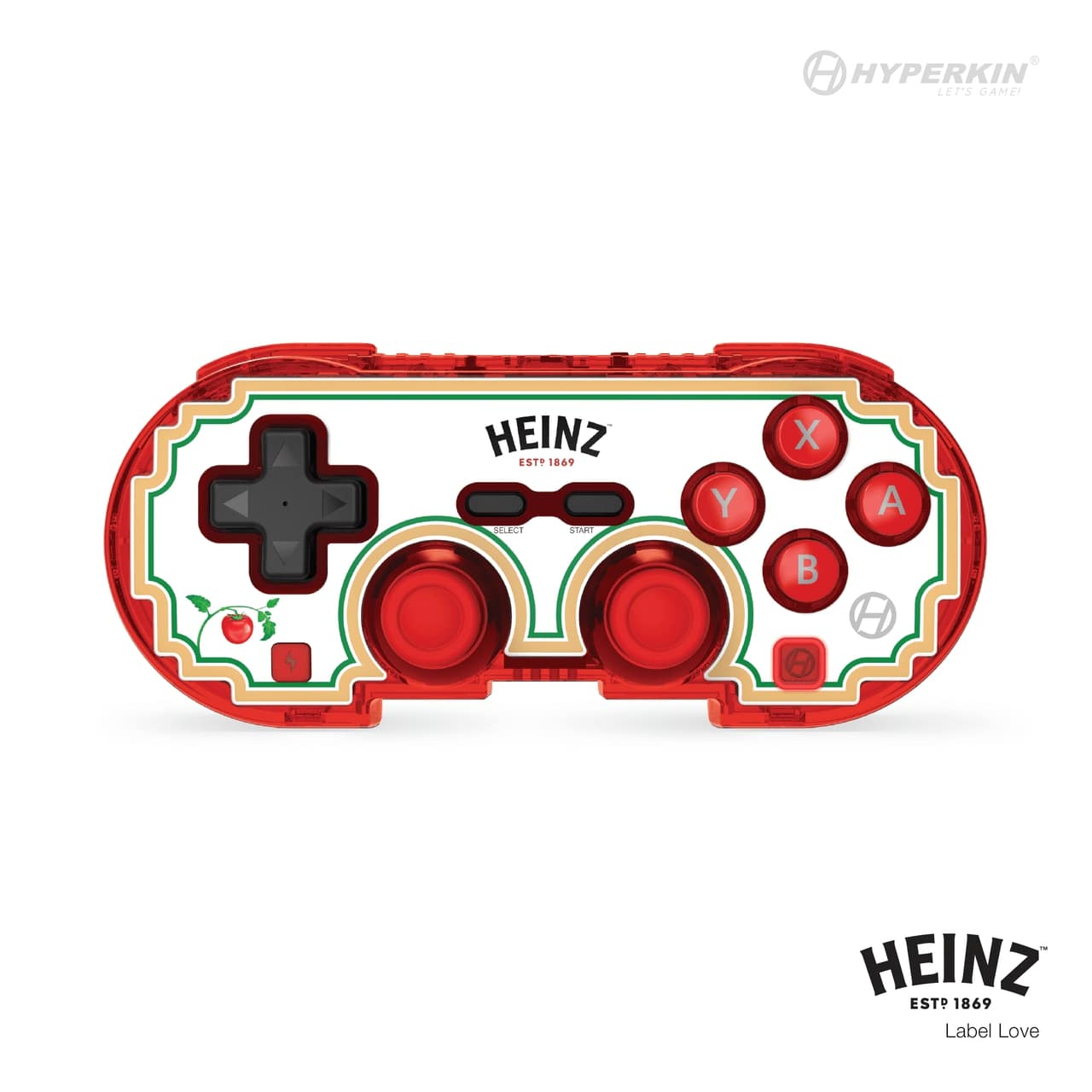 A limited edition, Bluetooth gaming controller with a Heinz - Label Love theme, featuring a nifty turbo function, retro design with modern ergonomics, and an included Type-C cable.