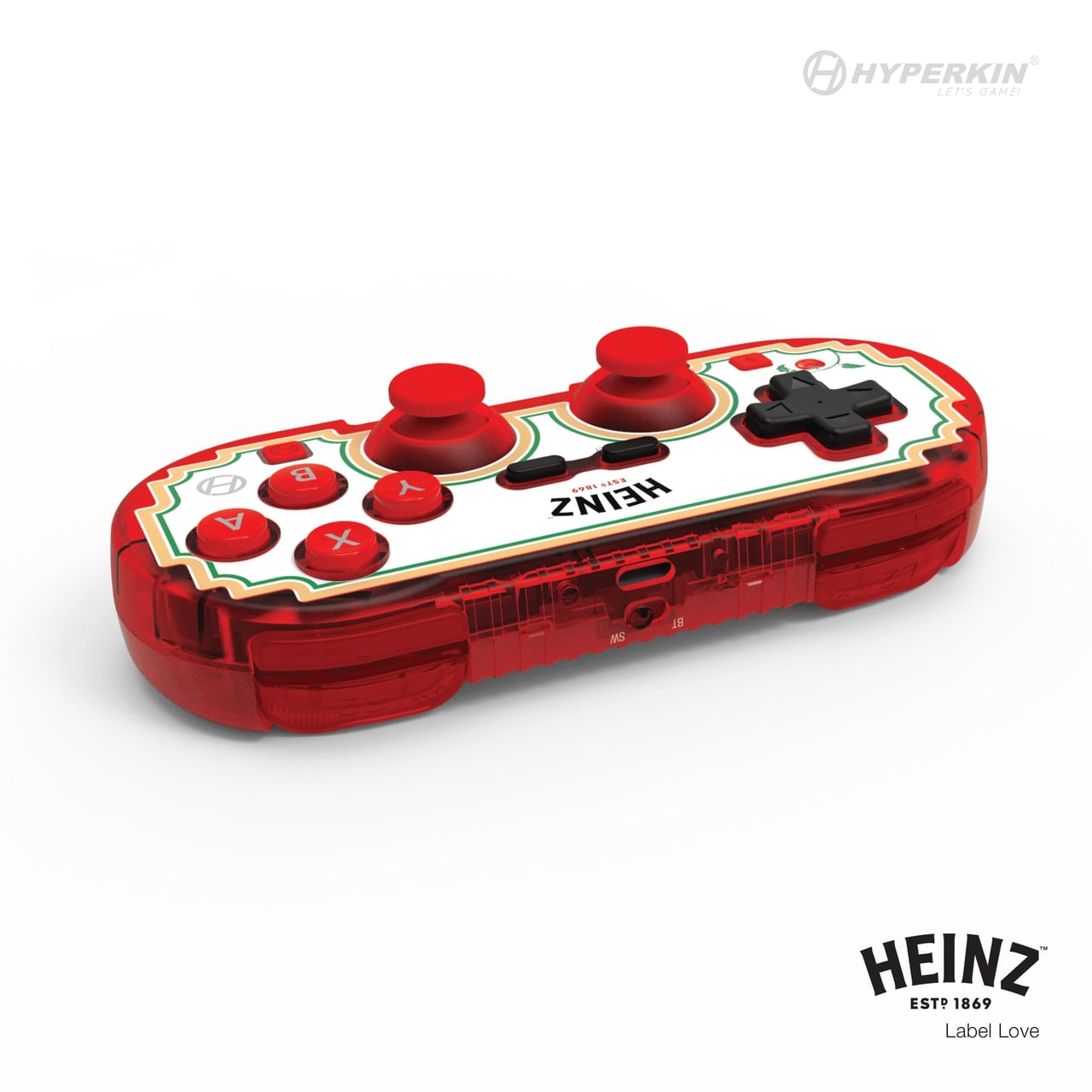 Limited edition Hyperkin Heinz Pixel Art Bluetooth gaming controller with red transparent casing, dual red joysticks, ABXY buttons, directional pad, and Heinz logo. Compatible with Nintendo Switch, PC, Mac, Android, and iOS.