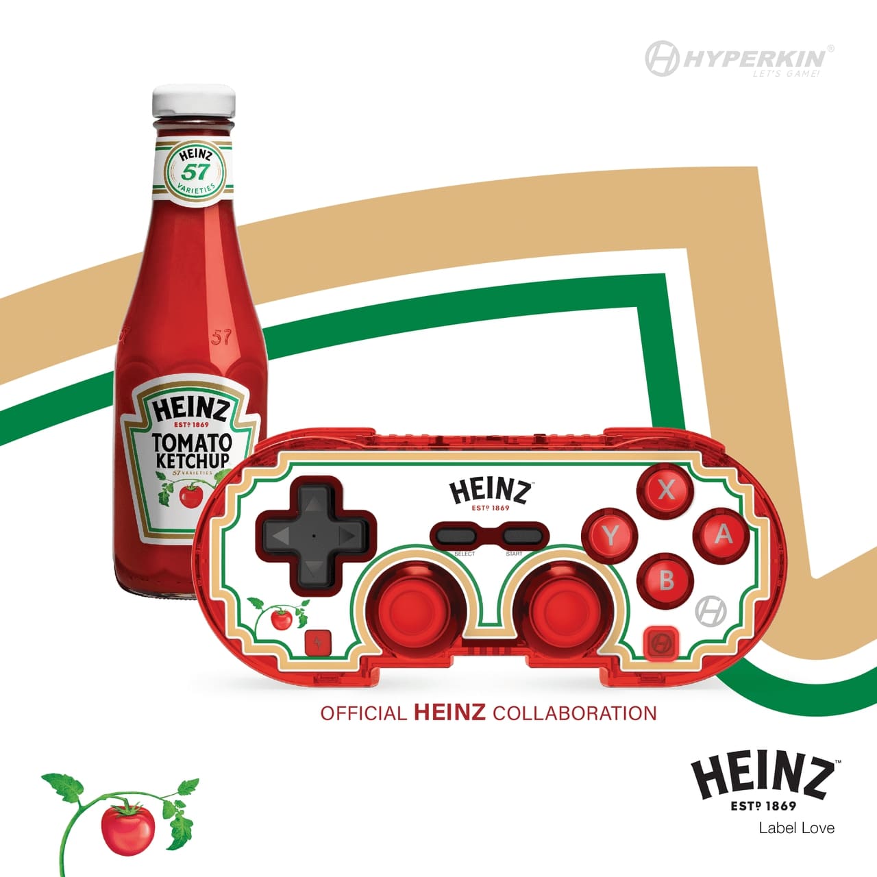 Heinz and Hyperkin collaboration featuring a custom red gaming controller with Heinz branding, ABXY buttons, and a Heinz Tomato Ketchup bottle. Includes 'Official Heinz Collaboration' and 'ESTP 1869 Label Love' text with Hyperkin logo in the background.