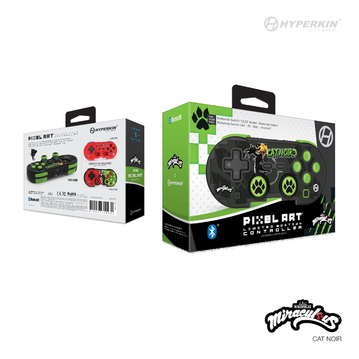 Packaging of Hyperkin Pixel Art Limited Edition Controller for Nintendo Switch, featuring Cat Noir from Miraculous; front shows black and green controller with paw prints and character graphics, back displays red and green variants with product details.
