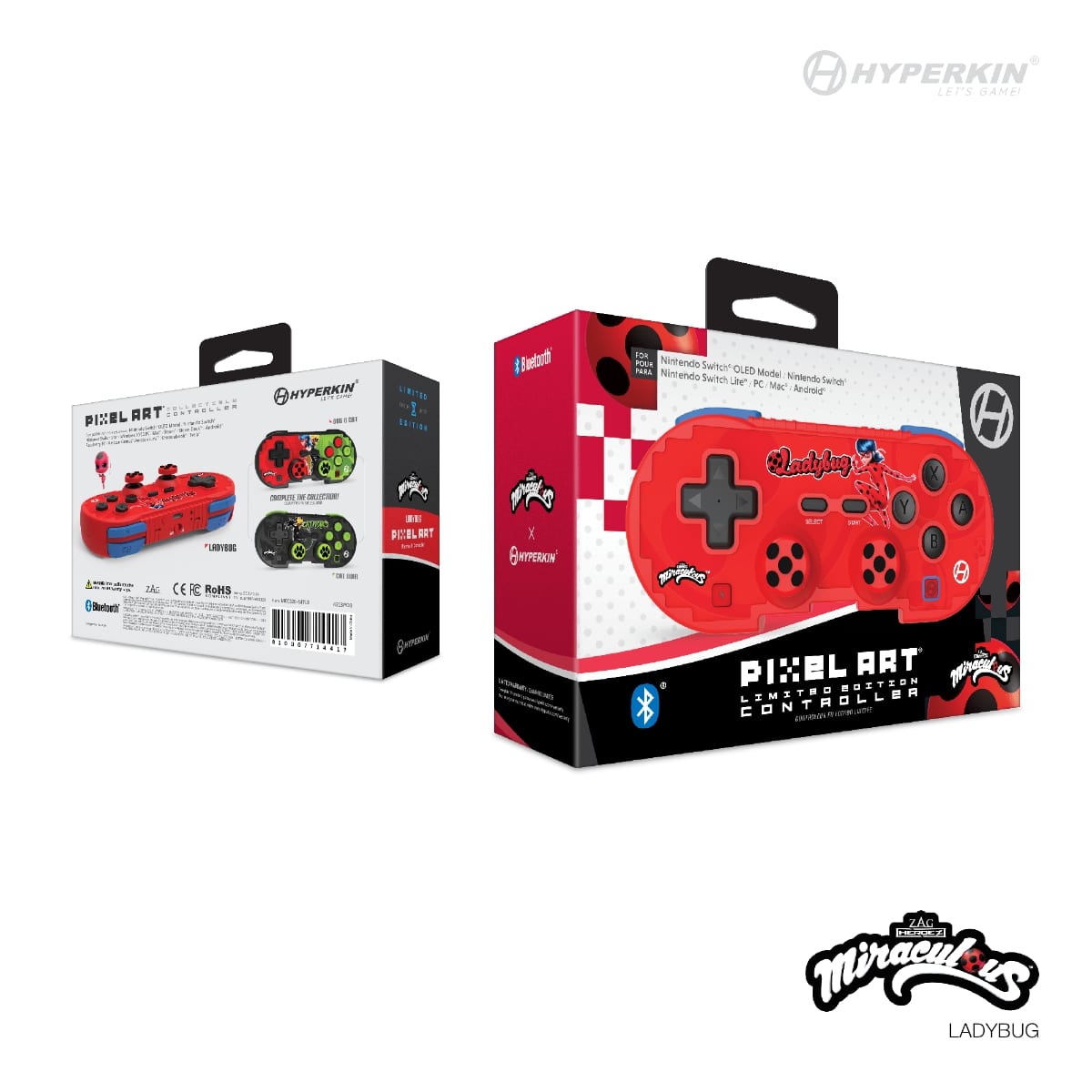 Packaging of Hyperkin Pixel Art Wireless Bluetooth Controller featuring Ladybug-themed red controller with black buttons and graphics; back of box shows red and green variants with product specifications and branding.