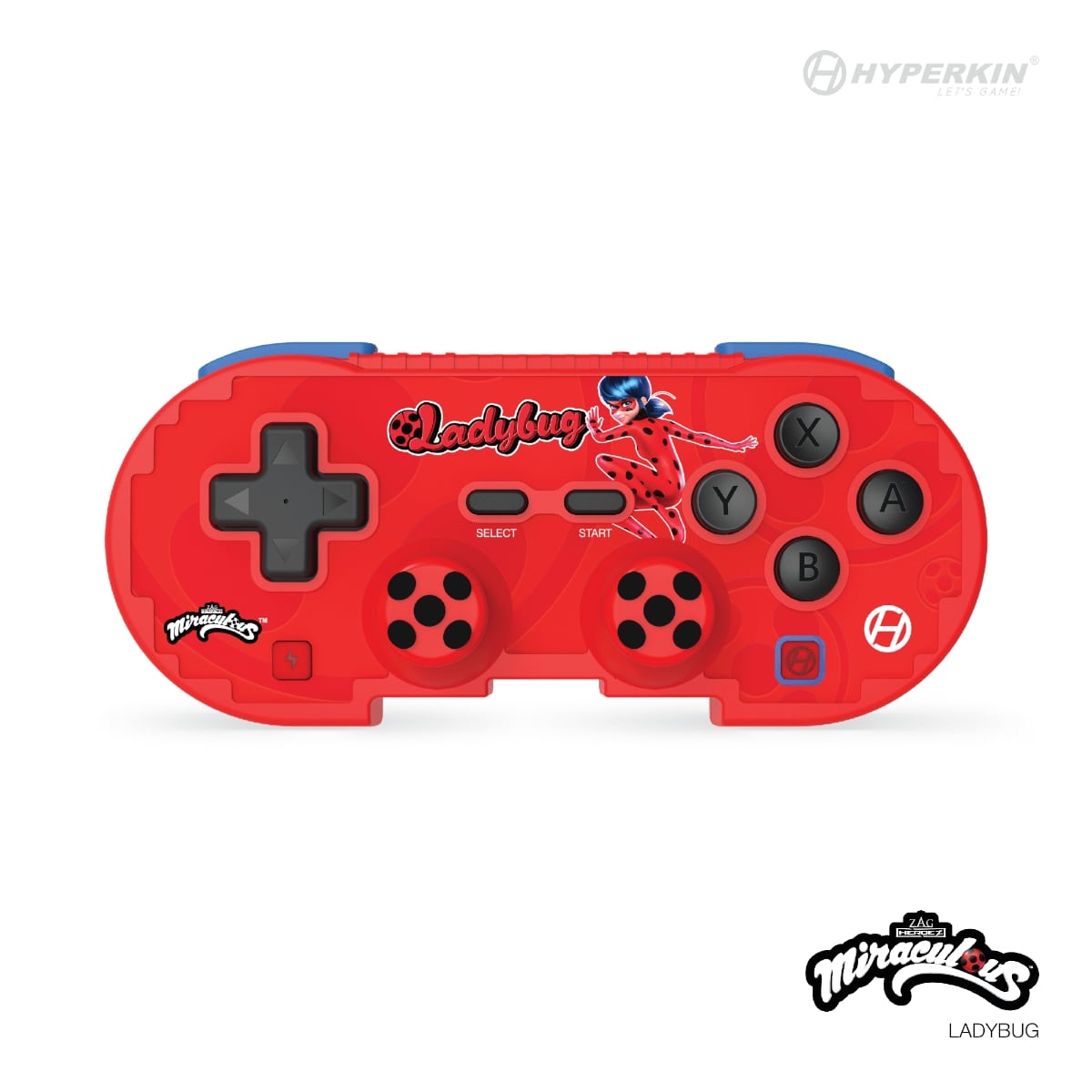 Red Hyperkin gaming controller with Miraculous Ladybug design, featuring character artwork, directional pad, and action buttons; ideal for themed retro gaming setups.