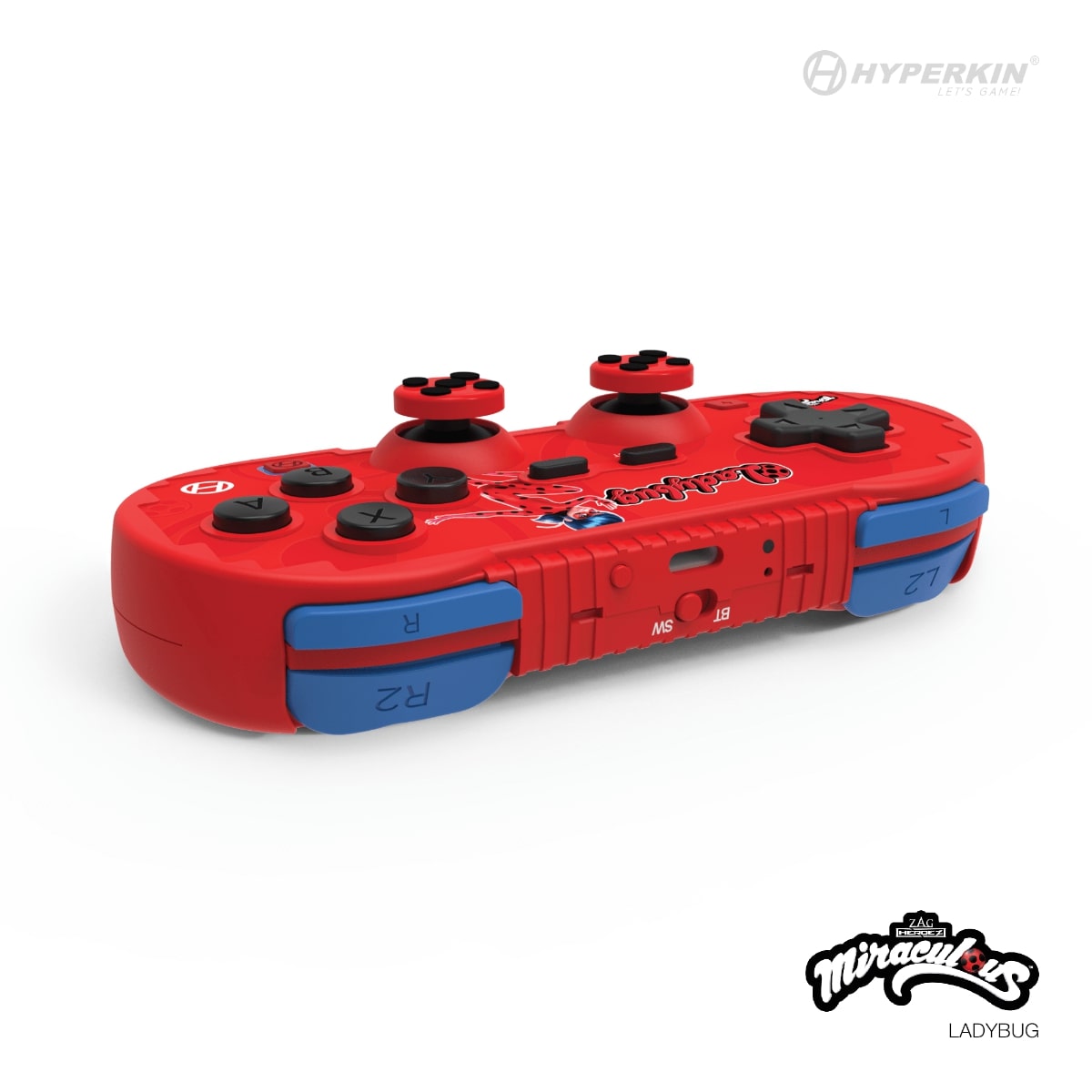 Red and blue Hyperkin gaming controller with Miraculous Ladybug theme, featuring joysticks, action buttons, R2/L2 triggers, MS switch, and branded logos; ideal for character-themed gaming setups.