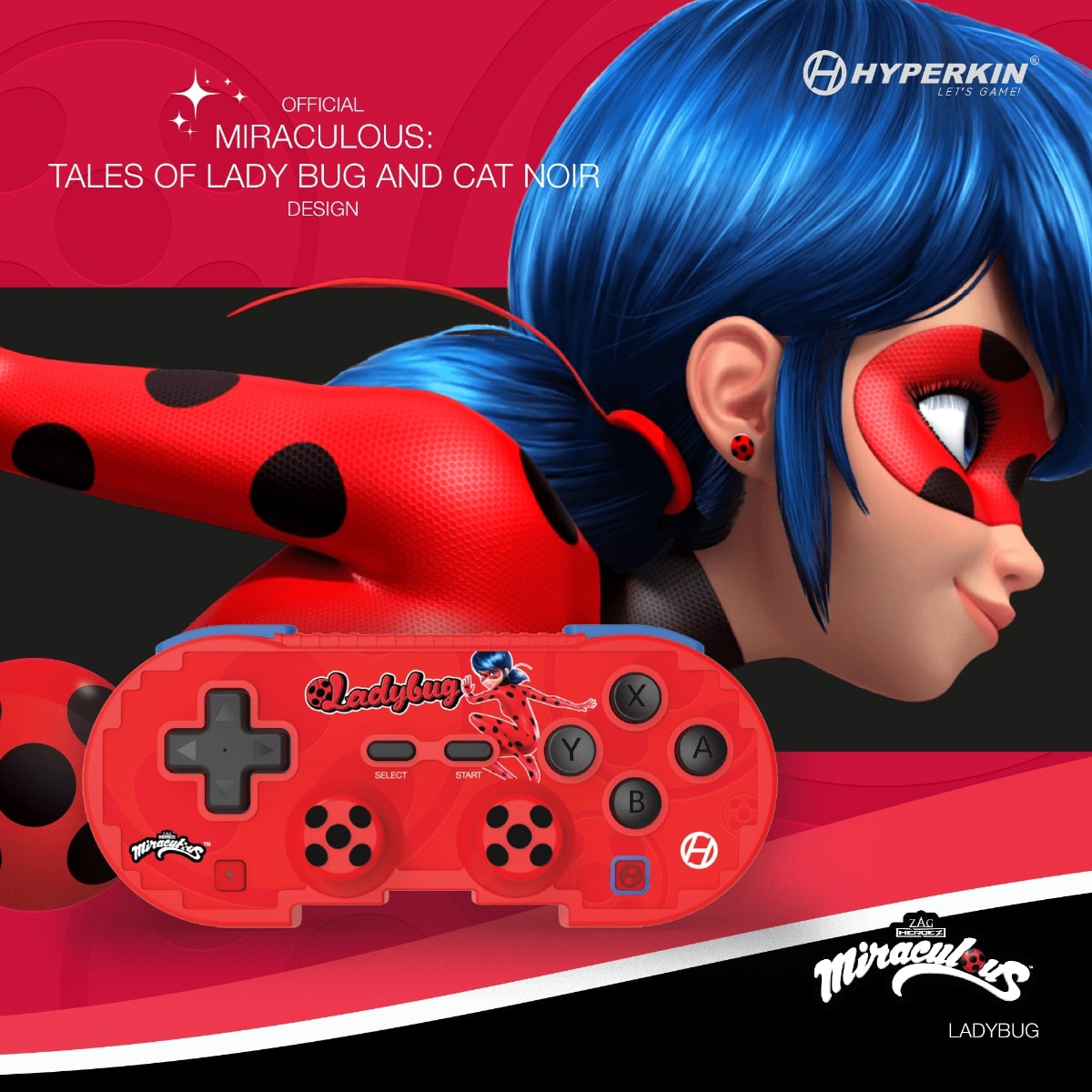 Official Hyperkin red game controller with Miraculous: Tales of Ladybug and Cat Noir design, featuring black buttons, character illustration, and image of Ladybug in red costume with blue hair.