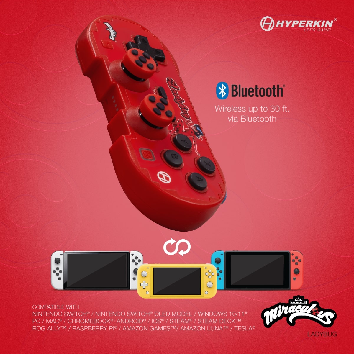 Red Hyperkin Bluetooth wireless game controller with Miraculous Ladybug design; compatible with Nintendo Switch, Windows, Mac, Android, iOS, Steam Deck, ROG Ally, Raspberry Pi, Amazon Luna, and Tesla; supports wireless play up to 30 ft.