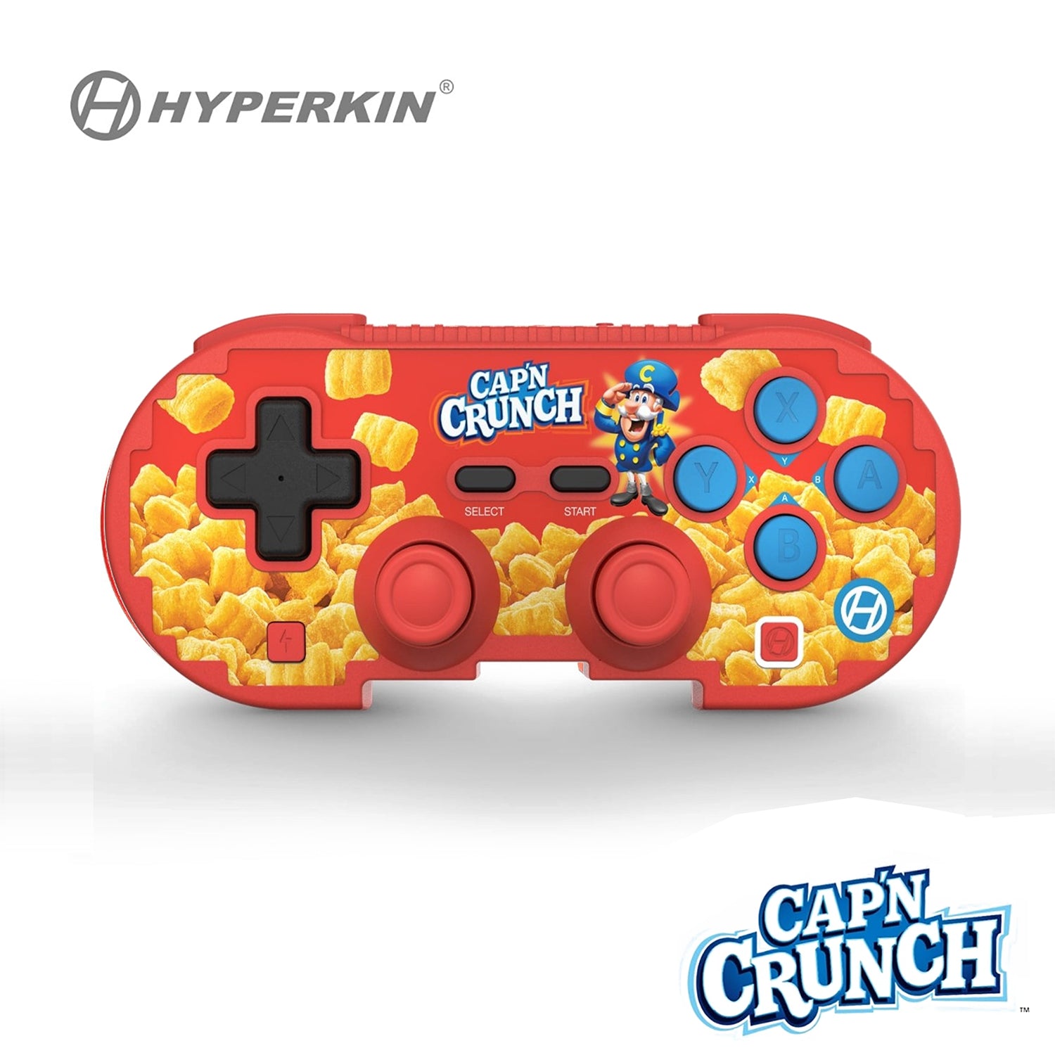 A red game controller with Cap'n Crunch cereal theme, including a character illustration and cornflake design elements.
