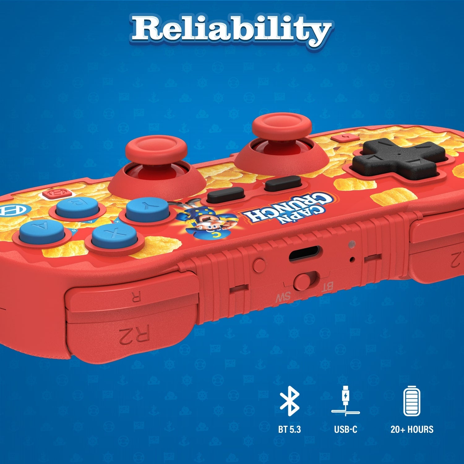 Hyperkin Limited Edition Crazy Crunch Wireless Bluetooth Controller in red with blue and black buttons, dual joysticks, and R1/R2 shoulder buttons. Features Bluetooth 5.3, USB-C charging, and 20+ hours battery life. Perfect for Nintendo Switch, PC, Mac, and mobile gaming.