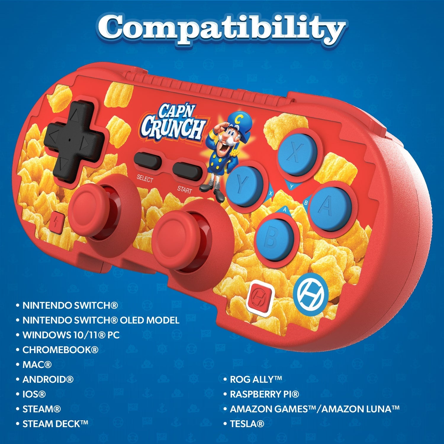 Hyperkin Cap’n Crunch Limited Edition Wireless Bluetooth Controller in red with cereal-themed design, dual analog sticks, D-pad, and colorful buttons. Compatible with Nintendo Switch, Switch OLED, PC, Mac, Android, iOS, Steam Deck, ROG Ally, Raspberry Pi, Amazon Luna, and Tesla.