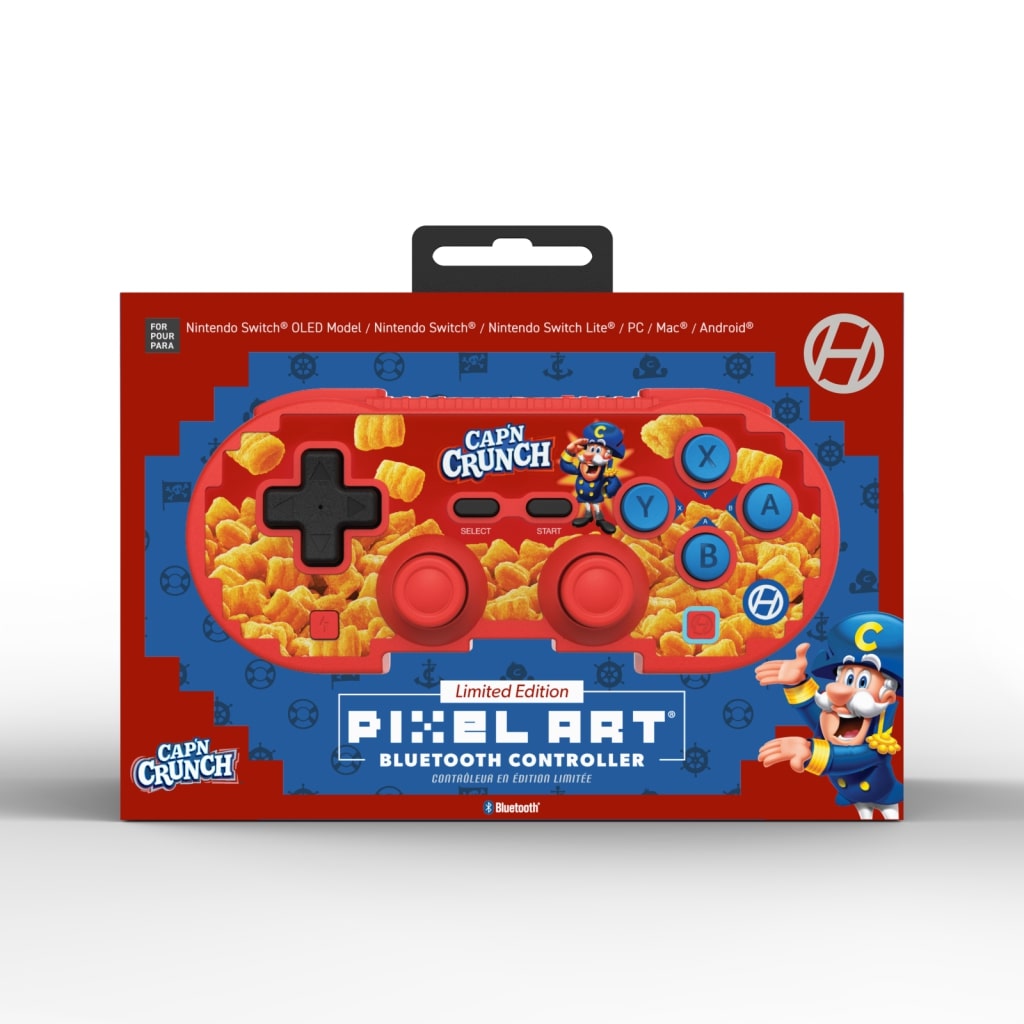 Hyperkin Cap’n Crunch Limited Edition Wireless Bluetooth Controller in red with cereal-themed design and Cap’n Crunch mascot. Packaging shows compatibility with Nintendo Switch, Switch OLED, Switch Lite, PC, Mac, and Android. Perfect for collectors and retro gaming fans.
