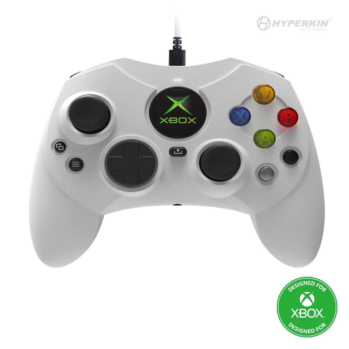 White gaming controller with Xbox logo on a white background, featuring Hyperkin branding.