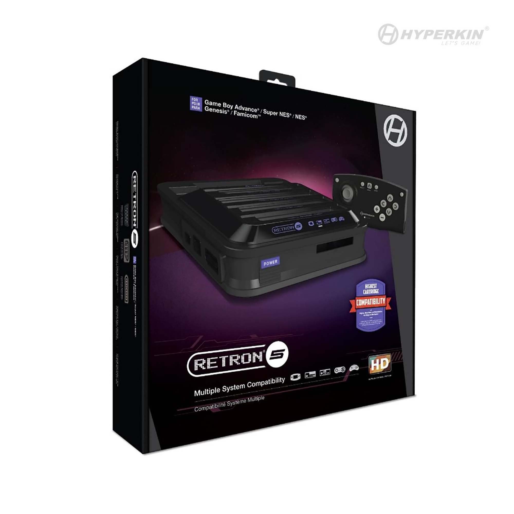 Packaging of Hyperkin RetroN 5 gaming console, featuring console and controller with multi-system compatibility including Game Boy Advance, SNES, NES, Genesis, and Famicom. Highlights HD output and retro gaming support.