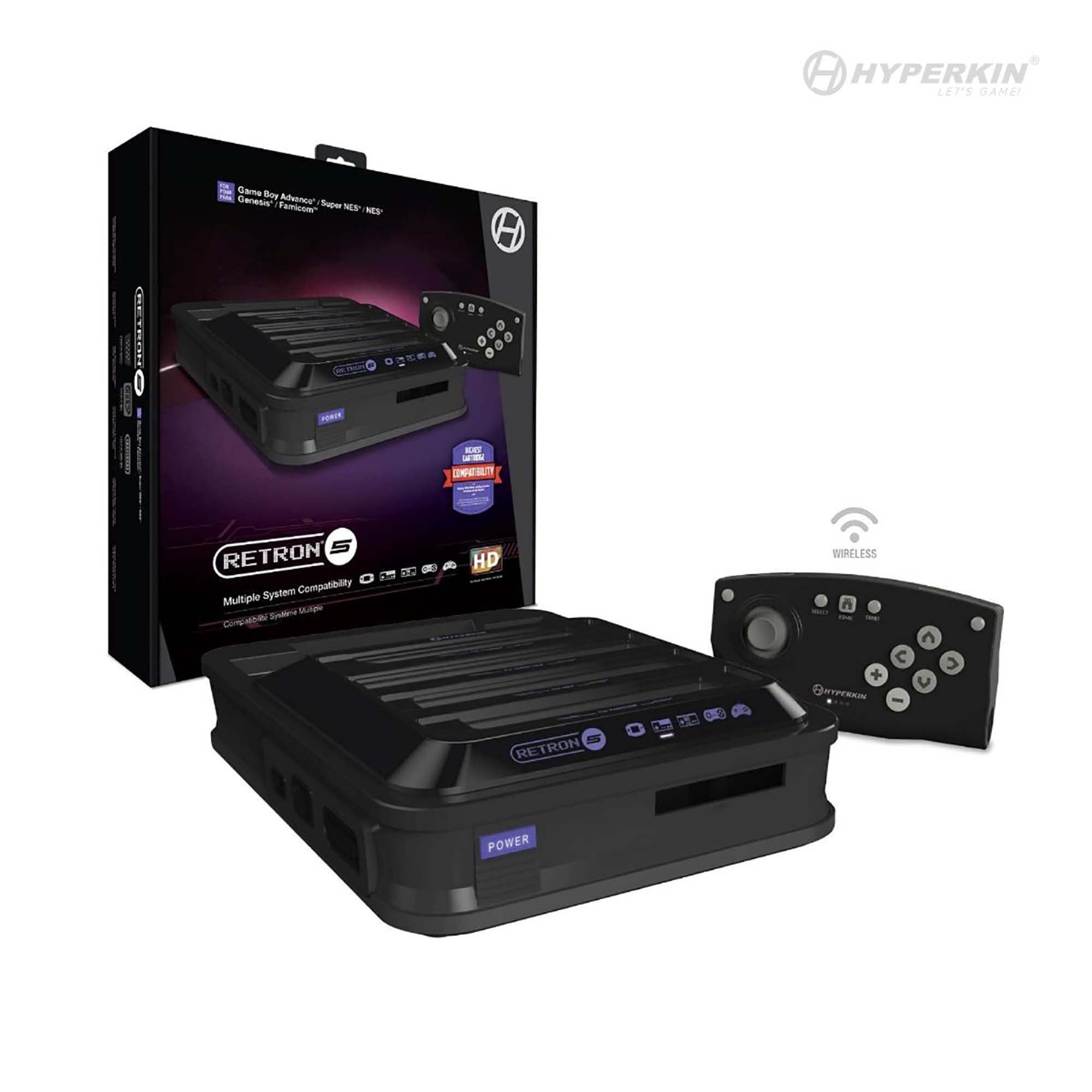 Hyperkin RetroN 5 gaming console in black, shown with wireless controller and packaging. Highlights multi-system compatibility including Game Boy Advance, SNES, NES, Genesis, and Famicom, with HD output.