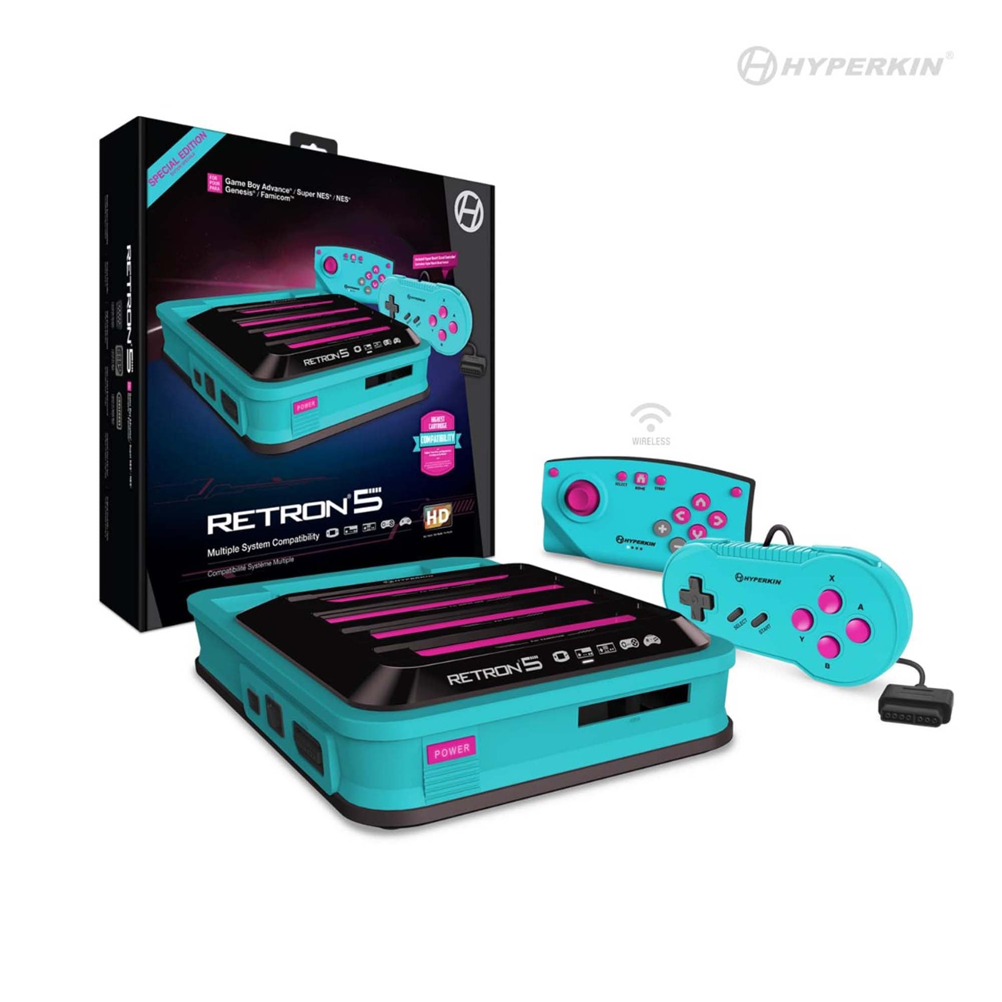 Hyperkin RetroN 5 gaming console in turquoise with black and pink accents, shown with packaging and two controllers. Features multiple cartridge slots, HD output, and multi-system compatibility.