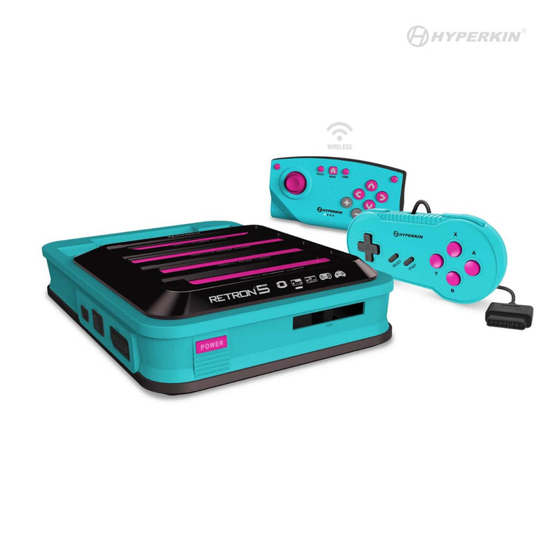 A RetroN 5 video game console set with a turquoise and black color scheme, including a handheld controller and a gamepad.