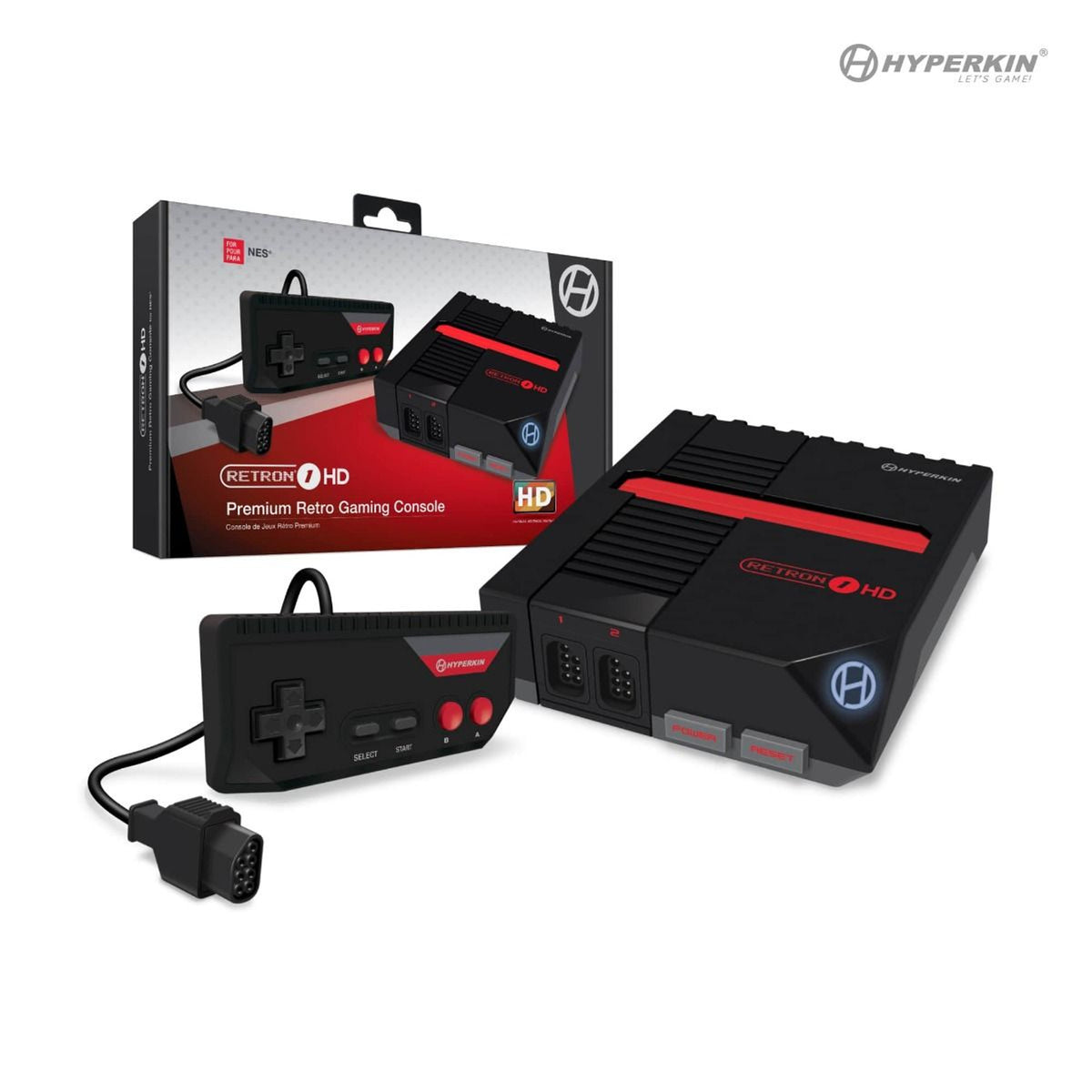 Hyperkin RetroN 1 HD retail packaging box in black, includes console and controller