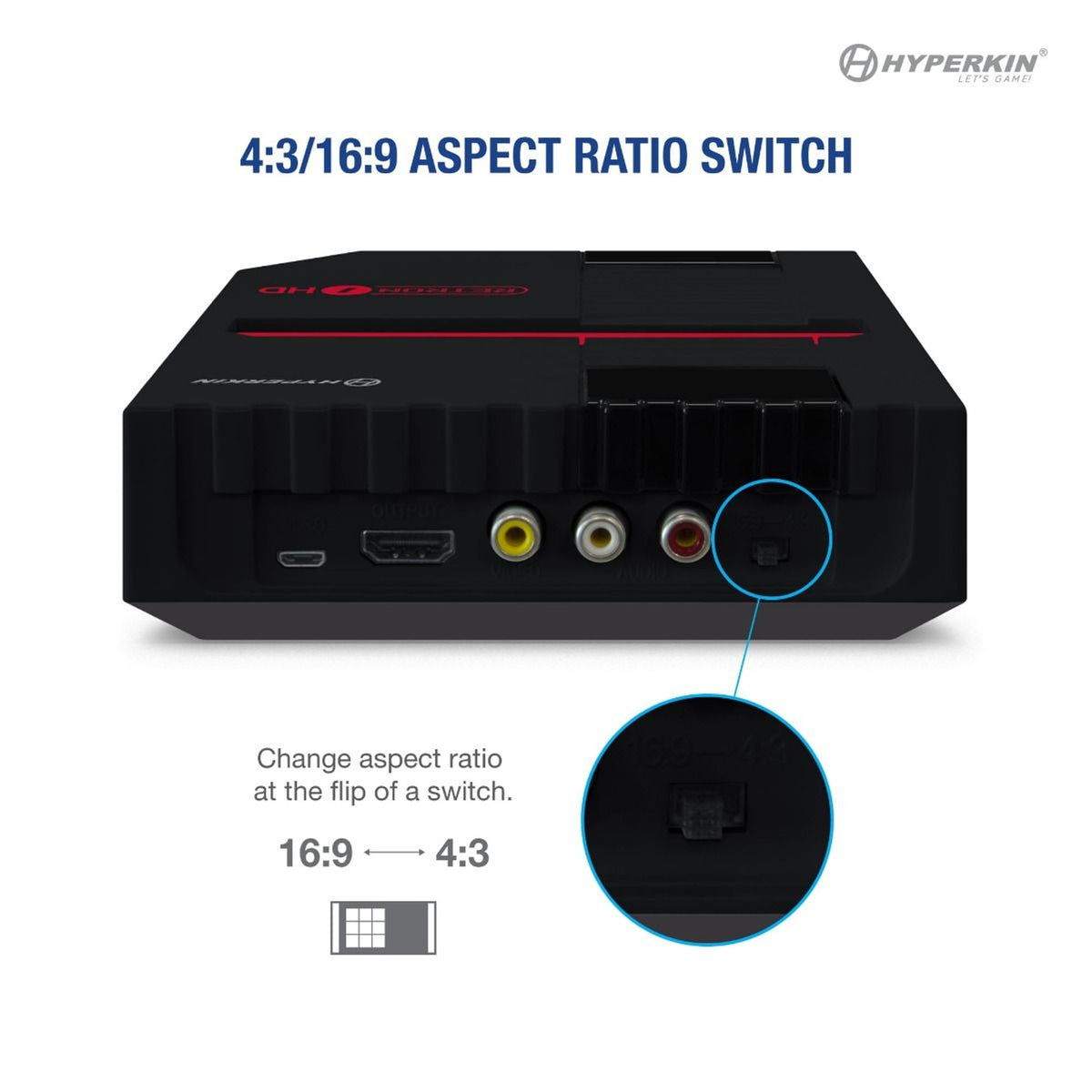 Hyperkin RetroN 1 HD console in black with callout showing the 4:3/16:9 aspect ratio switch