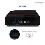 Hyperkin RetroN 1 HD console in black with callout showing the HD port, which outputs 720p HD