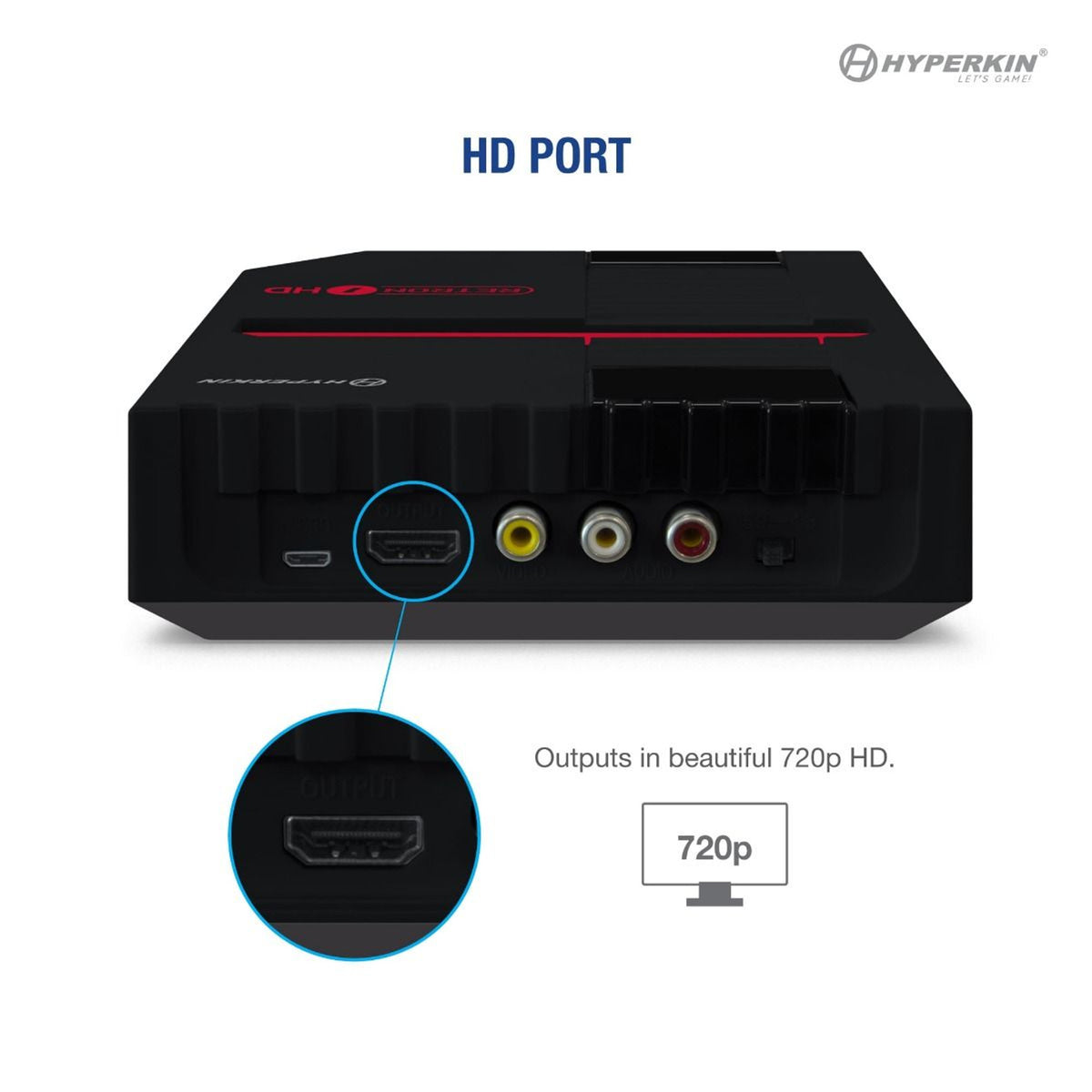 Hyperkin RetroN 1 HD console in black with callout showing the HD port, which outputs 720p HD