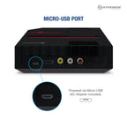 Hyperkin RetroN 1 HD console in black with callout showing the Micro-USB power port, AC adapter included