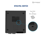 Back panel of the Hyperkin RetroN 1 HD console in black with callout showing the NTSC/PAL switch