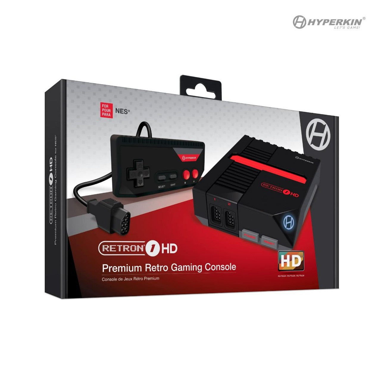 Packaging of Hyperkin RetroN 1 HD Premium Retro Gaming Console, showcasing console and controller image; highlights NES game compatibility and HD output branding.