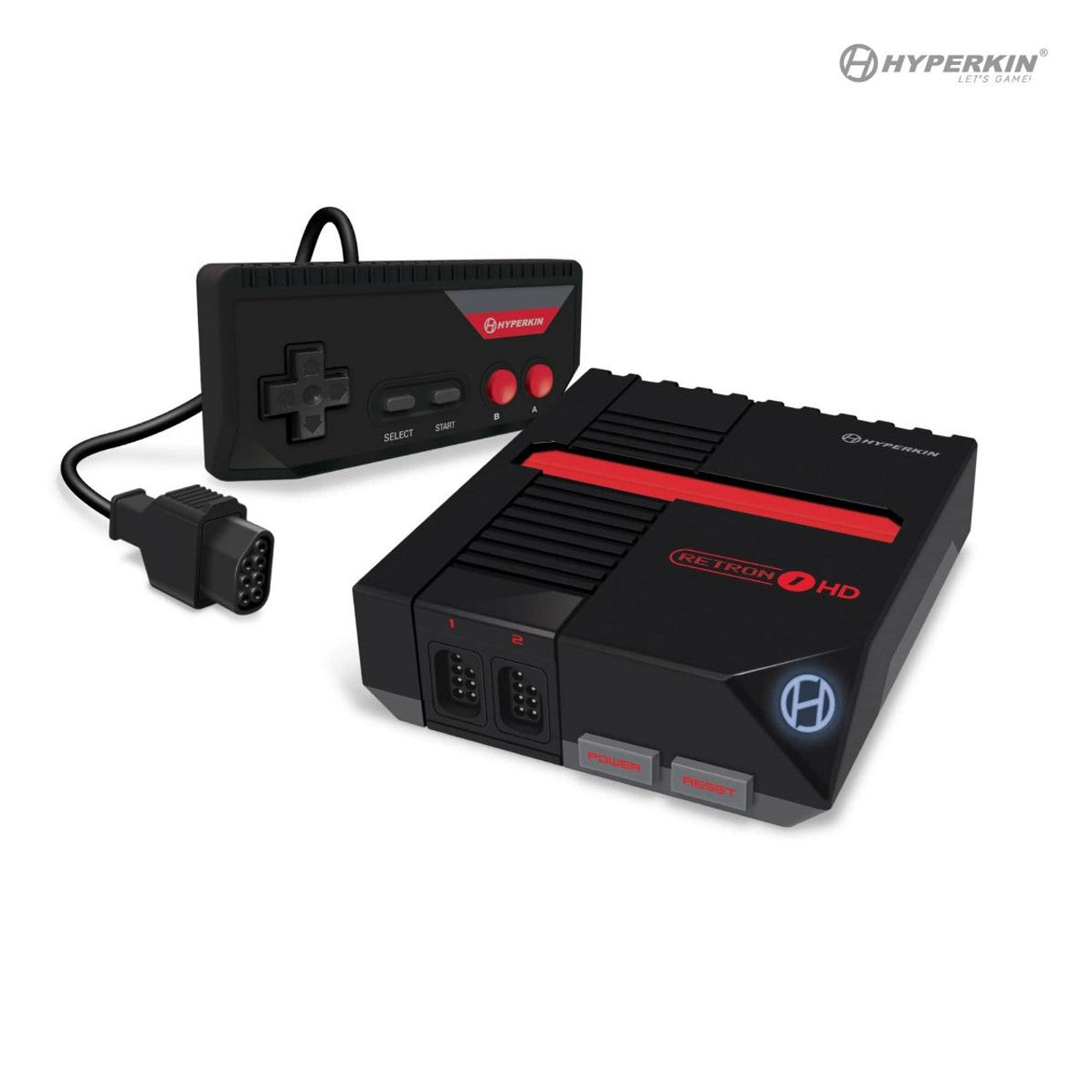 A RetroN 1 HD gaming console with a black and red color scheme, including a controller and HDMI cable.
