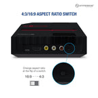 Hyperkin gaming console with HDMI and AV ports, featuring 4:3/16:9 aspect ratio switch for customizable retro gaming display settings, close-up of switch included.