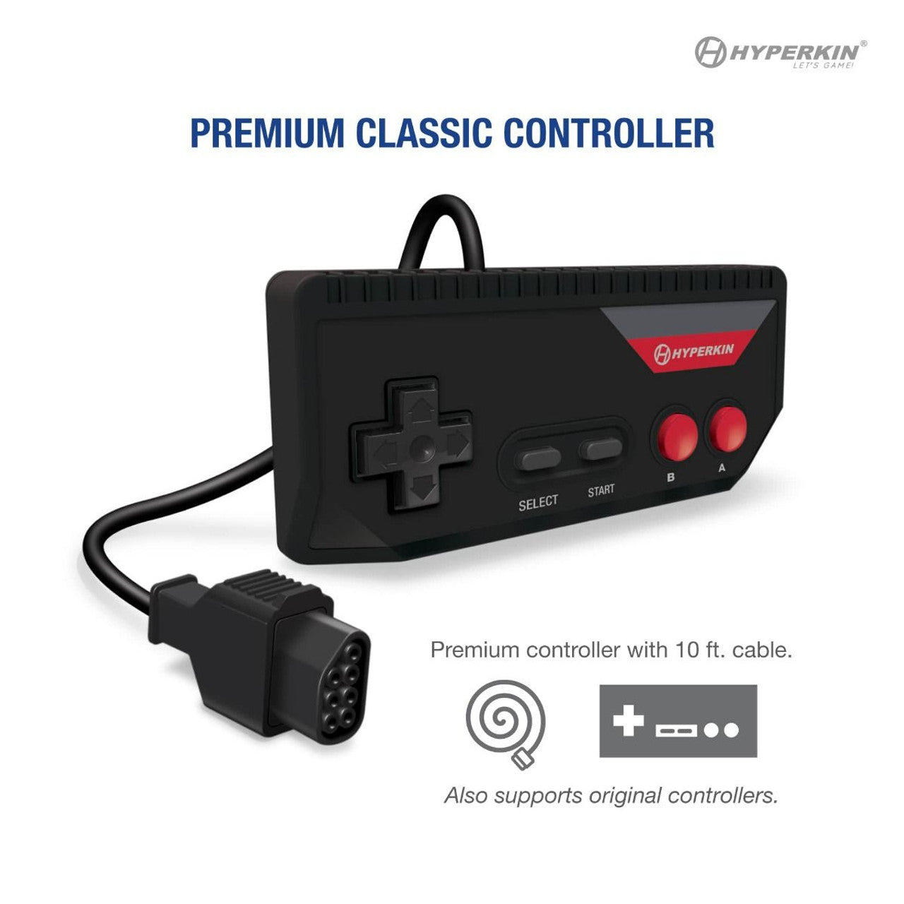 Hyperkin Premium Classic Controller with 10 ft. cable, featuring D-pad, A and B buttons, Select and Start buttons, compatible with original retro gaming systems.