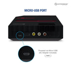 Rear view of Hyperkin gaming console featuring Micro-USB power port (AC adapter included), with close-up of the port and labeled text indicating Micro-USB power input.