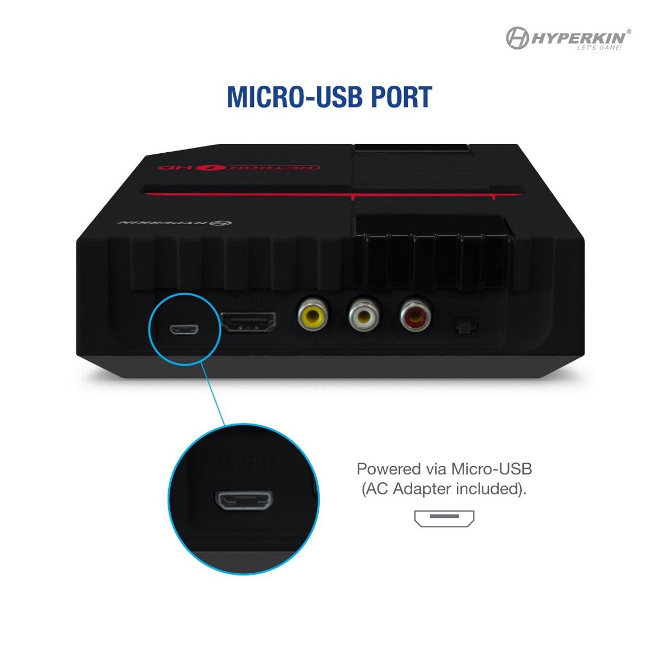Rear view of Hyperkin gaming console featuring Micro-USB power port (AC adapter included), with close-up of the port and labeled text indicating Micro-USB power input.