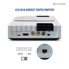 Hyperkin gaming console featuring 4:3/16:9 aspect ratio switch, micro USB, HDMI, video, and audio output ports; close-up highlights labeled switch with icons and text promoting easy aspect ratio change.