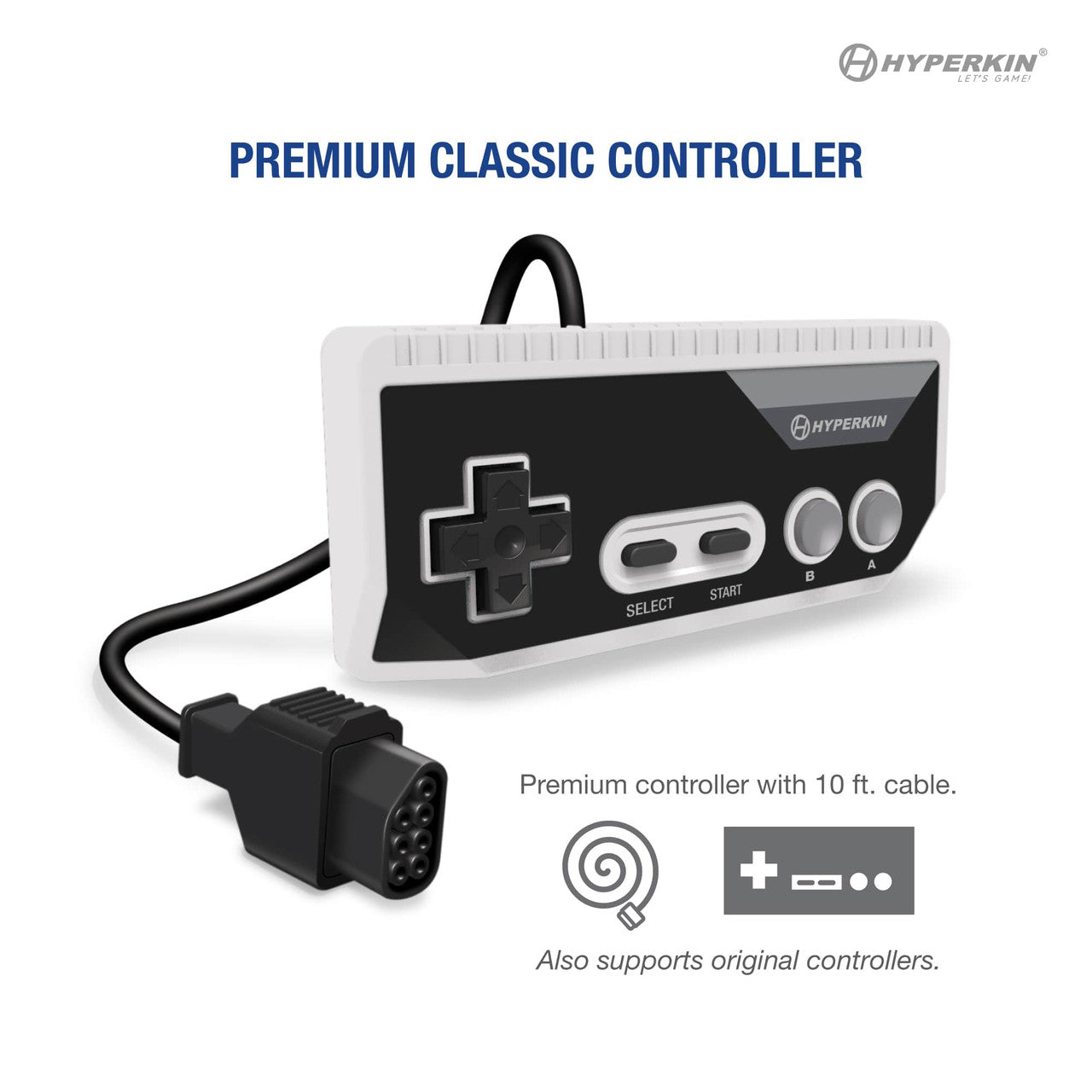 Hyperkin Premium Classic Controller with 10 ft. cable, featuring directional pad, select/start buttons, and A/B buttons; supports original controllers, ideal for retro gaming setups.