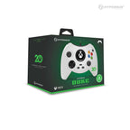 Limited Edition Hyperkin Duke Wired Controller for Xbox – 20th Anniversary Edition in white, shown in black and green retail packaging with Xbox and Hyperkin logos, plus 20-year celebration emblem.