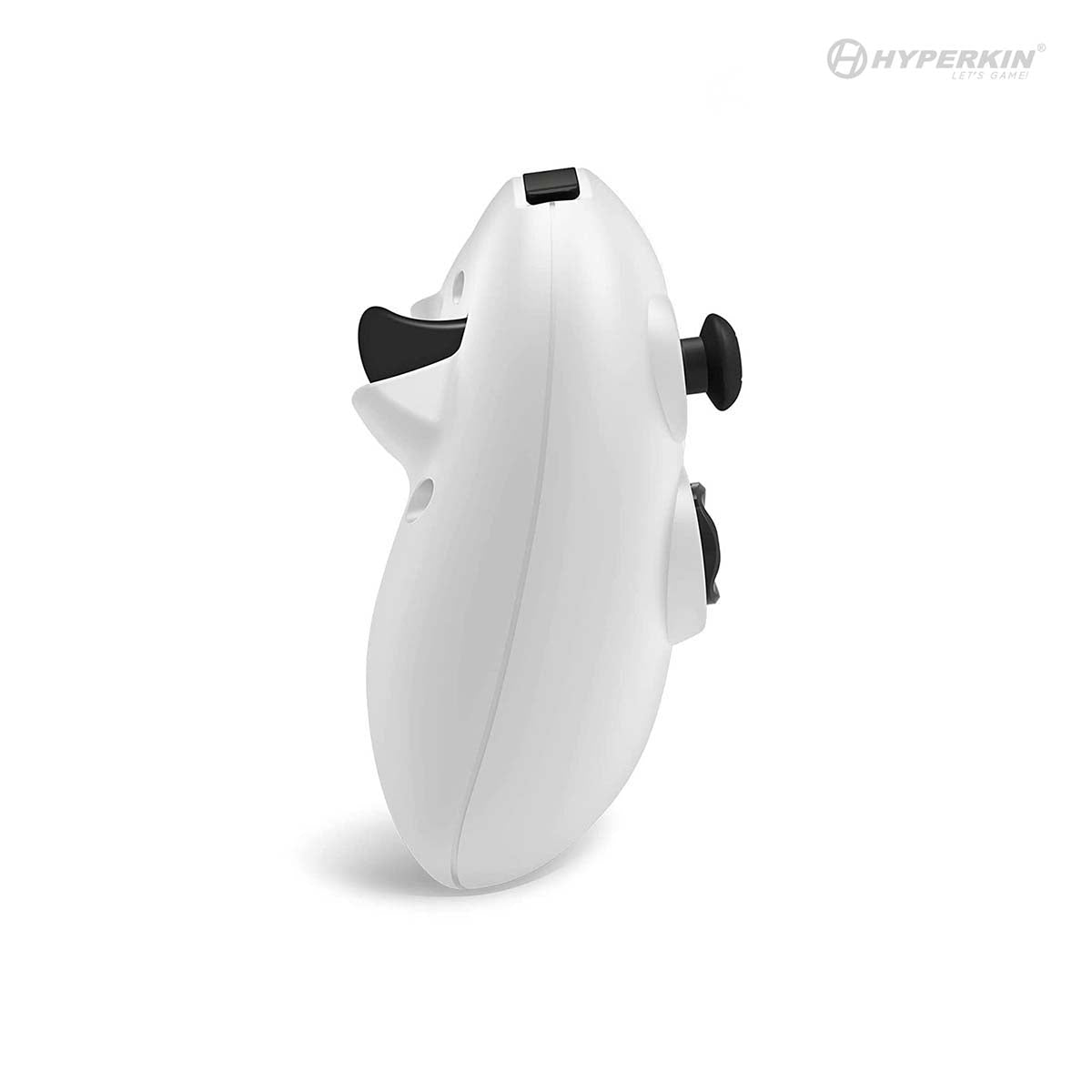 White Hyperkin ergonomic gaming controller with curved design, featuring black joystick and action buttons—ideal for Xbox and PC gaming setups. Hyperkin branding visible in top right corner.