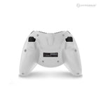 Back view of a white Hyperkin Duke controller featuring product information label, certification marks (CE, RoHS), and black shoulder buttons on each side.
