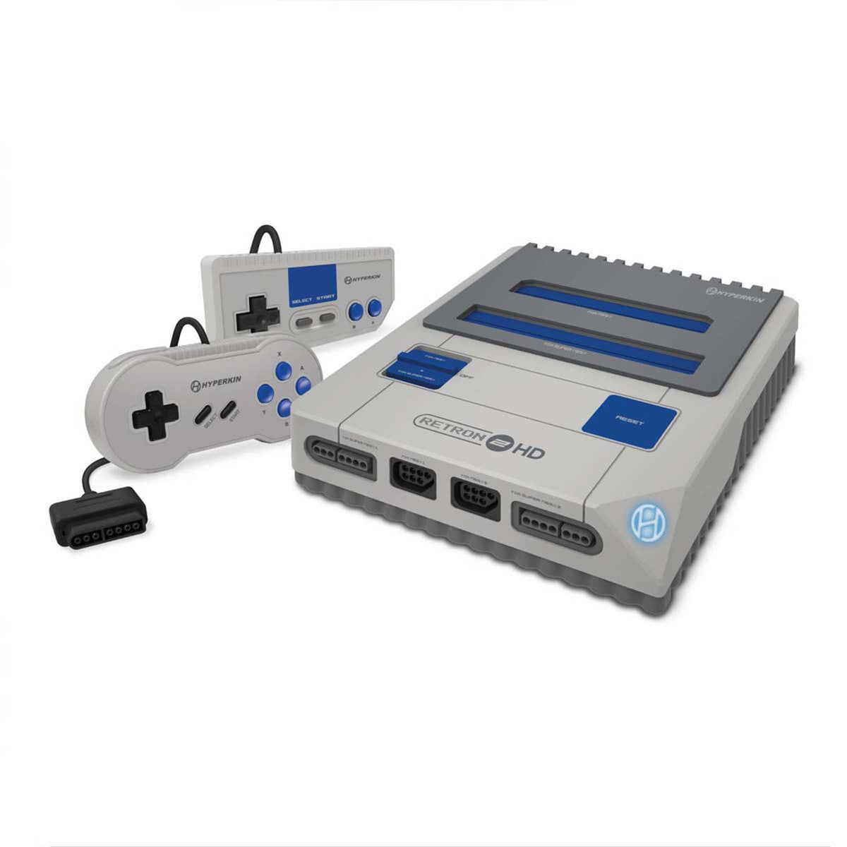 Gray and blue retro gaming console with controllers on a white background, featuring Hyperkin branding.