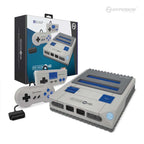 Hyperkin RetroN 2 HD gaming console with two retro-style controllers and packaging, featuring multiple ports and classic design for NES and SNES gameplay.