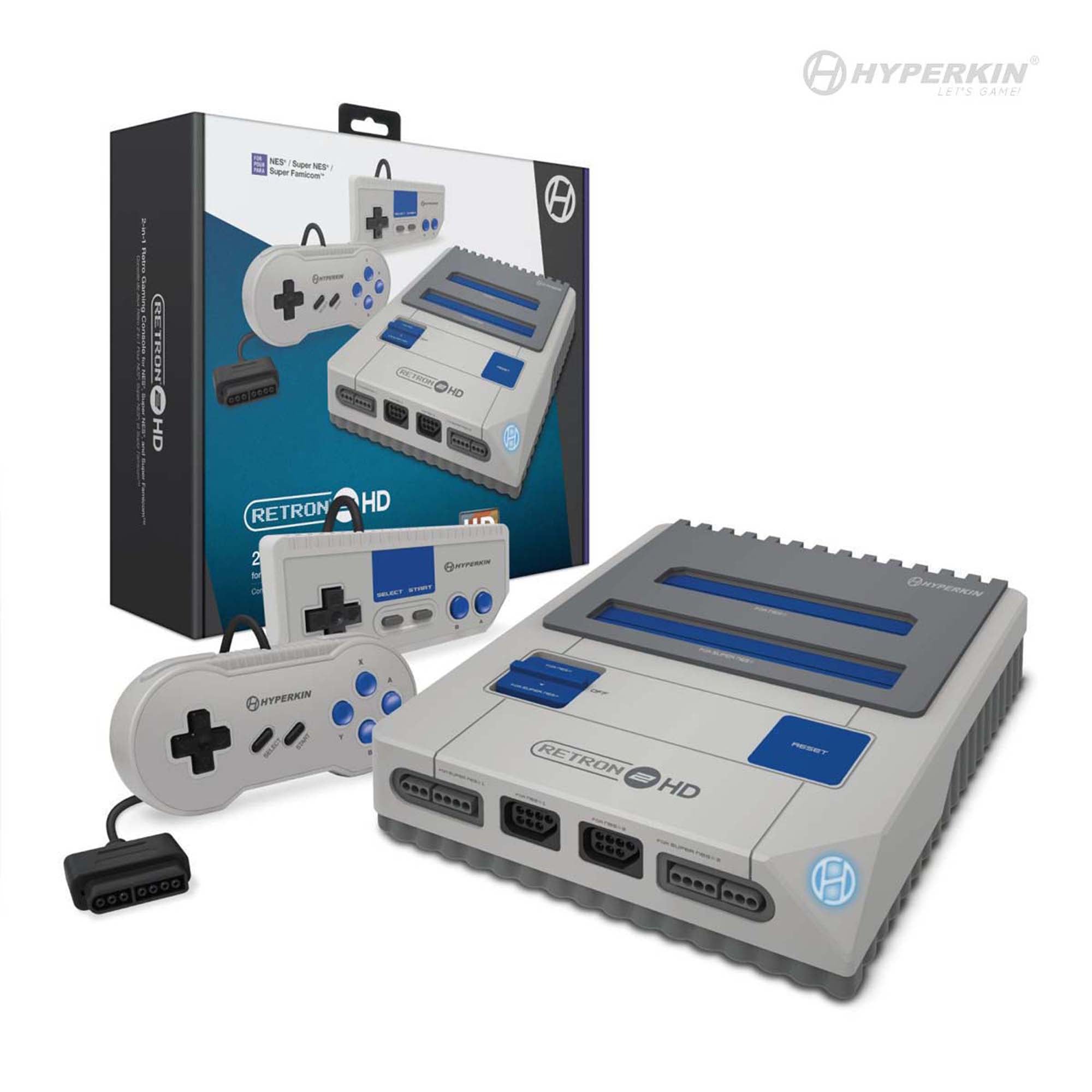 Hyperkin RetroN 2 HD gaming console with two retro-style controllers and packaging, featuring multiple ports and classic design for NES and SNES gameplay.