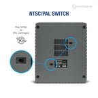 Back view of Hyperkin gaming console featuring NTSC/PAL switch labeled 'SNES', supports regional cartridge compatibility for PAL and NTSC formats.