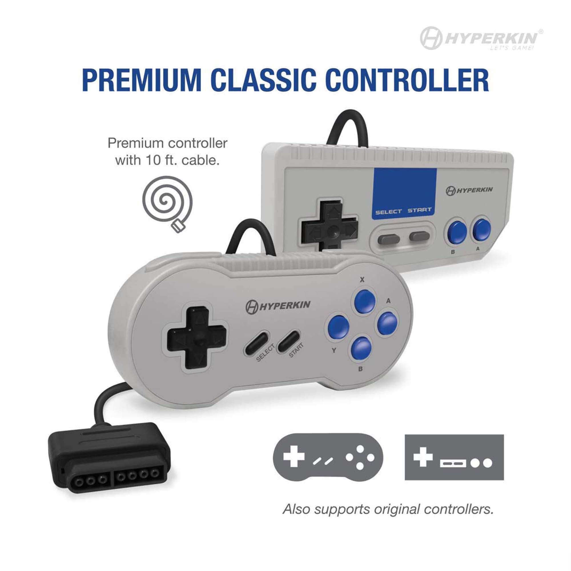 Two Hyperkin premium classic controllers with 10 ft. cables, featuring rectangular and rounded designs, blue buttons, black D-pads, and support for original controller compatibility.