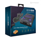 Packaging of Hyperkin RetroN 2 HD Gaming Console with two controllers, compatible with NES, SNES, and Super Famicom games, featuring HDMI output and aspect ratio switch.