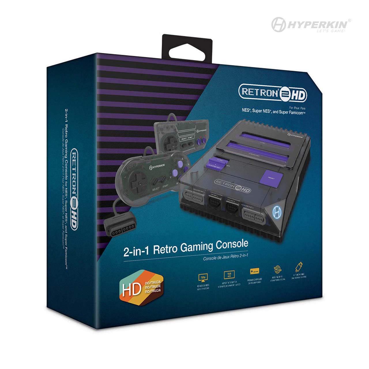 Packaging of Hyperkin RetroN 2 HD Gaming Console with two controllers, compatible with NES, SNES, and Super Famicom games, featuring HDMI output and aspect ratio switch.